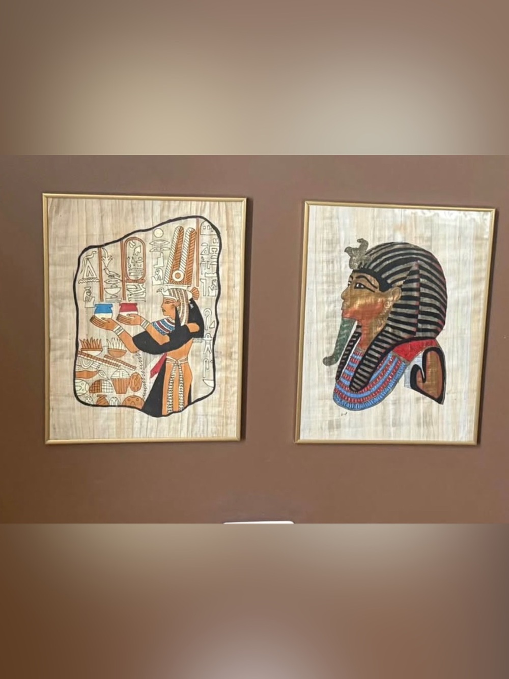 Egyptian Papyrus Wall Art Pair with Gold Frames - Black, Red, Blue, Tan